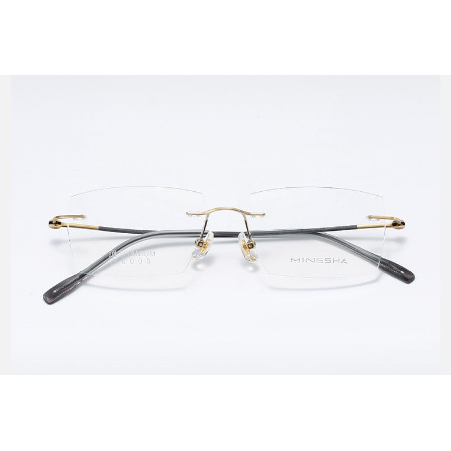 Gold Men's Semi-Titanium Rimless Geometric Glasses, clean front product view