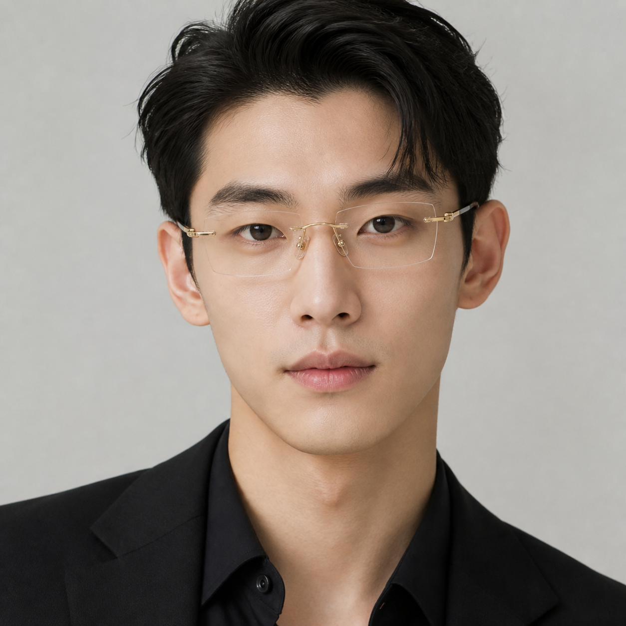 Gold Men's Semi-Titanium Rimless Geometric Glasses, worn by an adult model, front fit