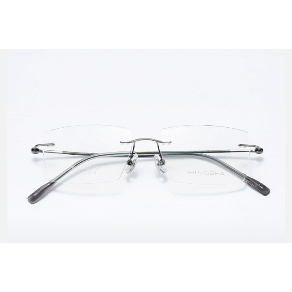 Gunmetal Men's Semi-Titanium Rimless Geometric Glasses, clean front product view