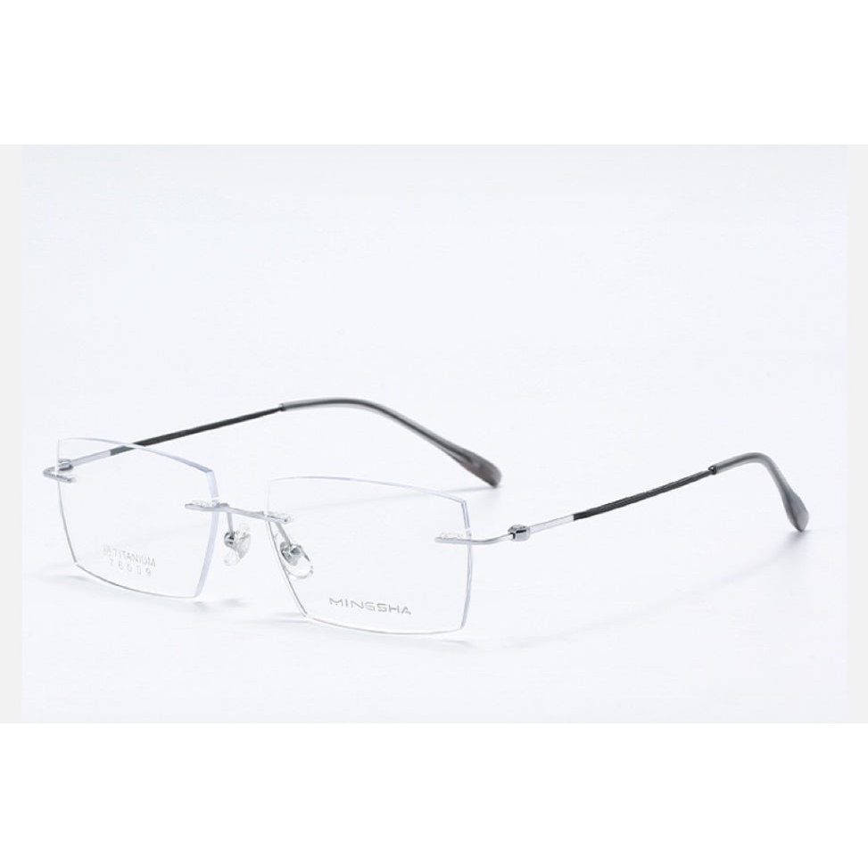 Silver Men's Semi-Titanium Rimless Geometric Glasses, 45-degree product view