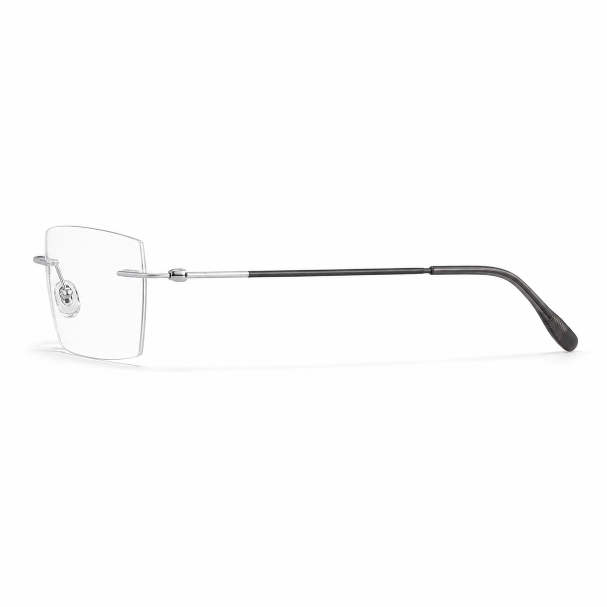 Silver Men's Semi-Titanium Rimless Geometric Glasses, side temple product view