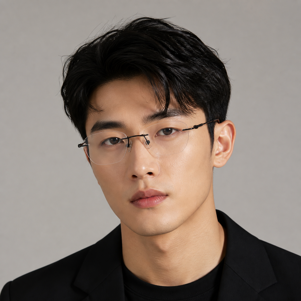 Black Unisex Pure Titanium Rimless Geometric Glasses, worn by an adult model, front fit