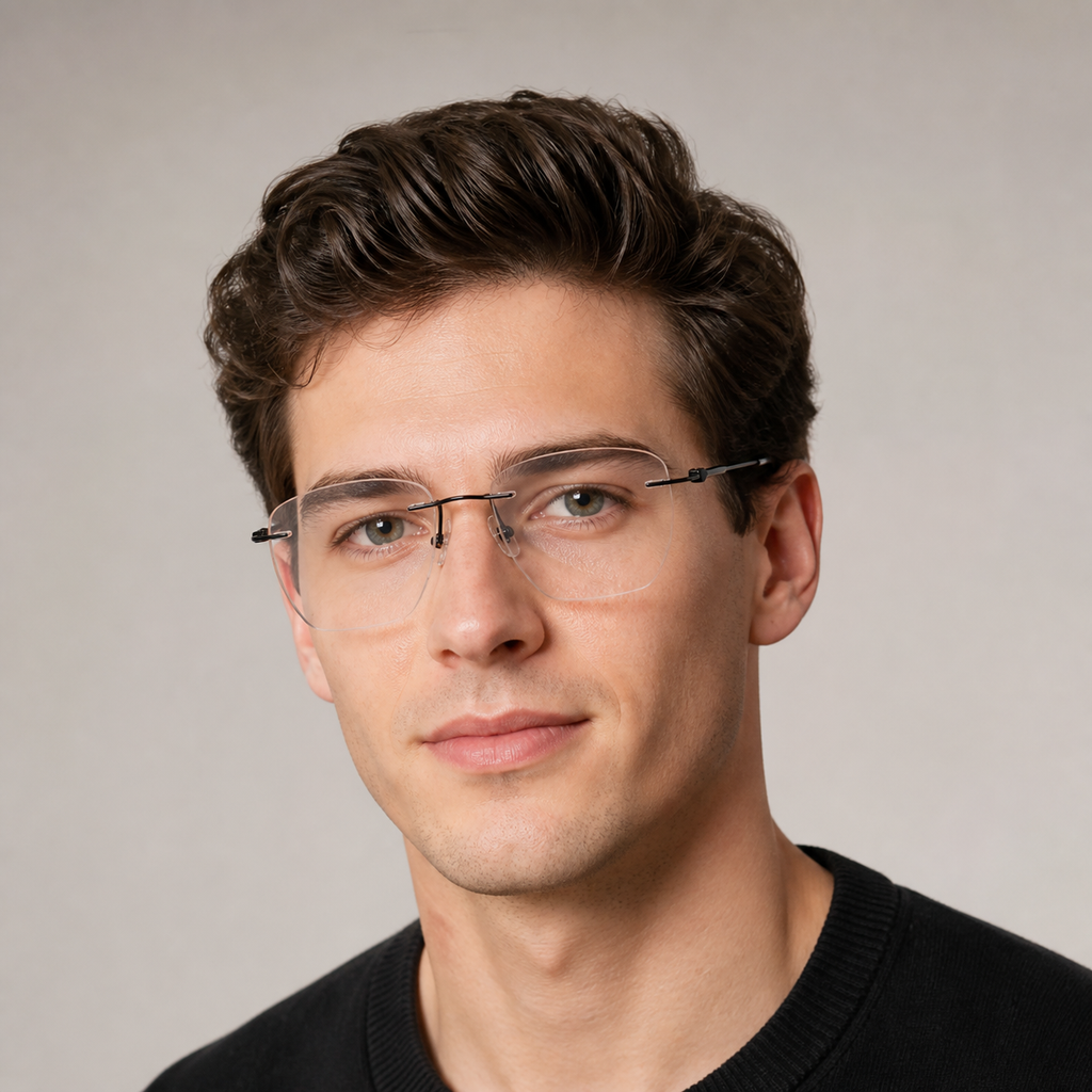 Black Unisex Pure Titanium Rimless Geometric Glasses, worn by an adult model, alternate fit