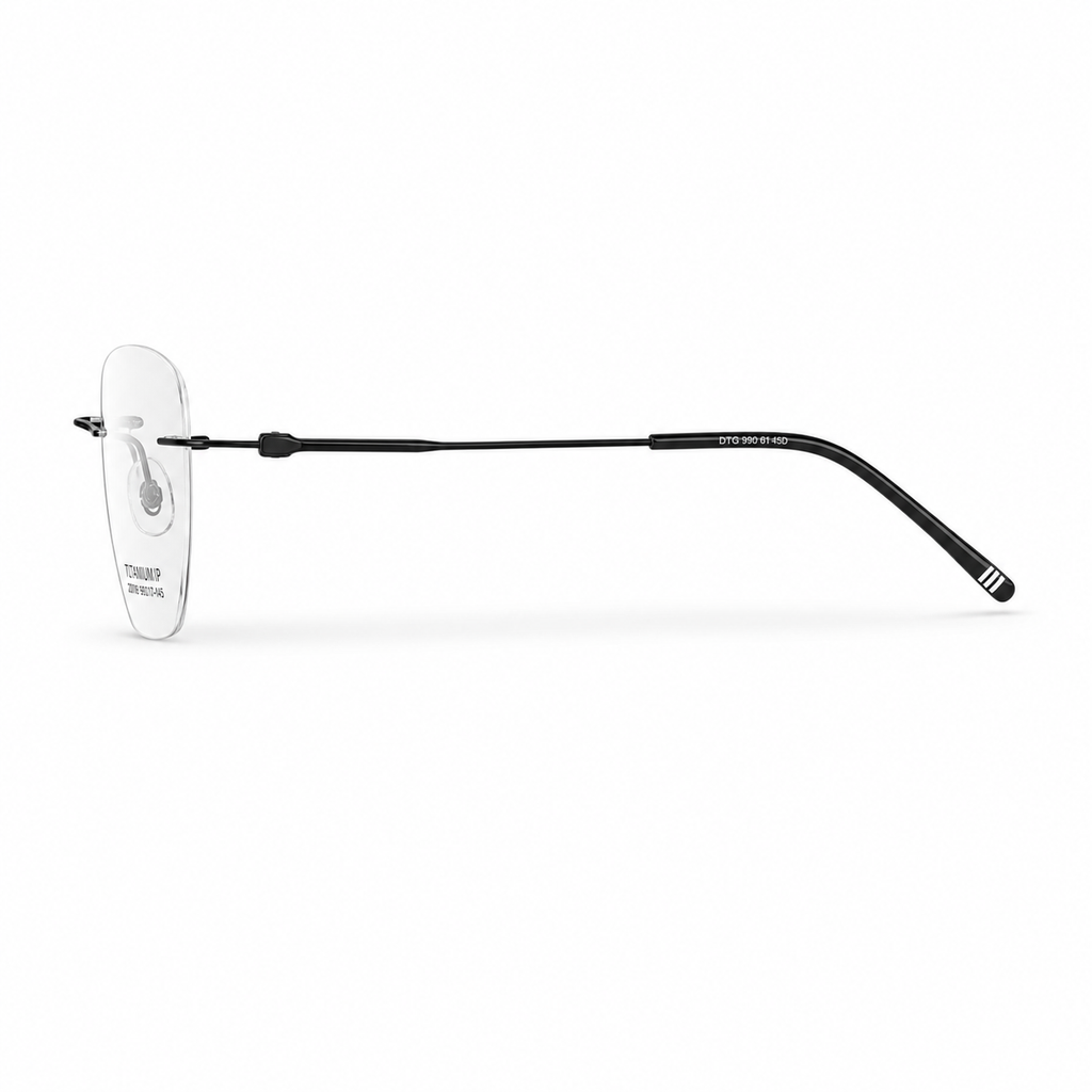 Black Unisex Pure Titanium Rimless Geometric Glasses, side temple product view