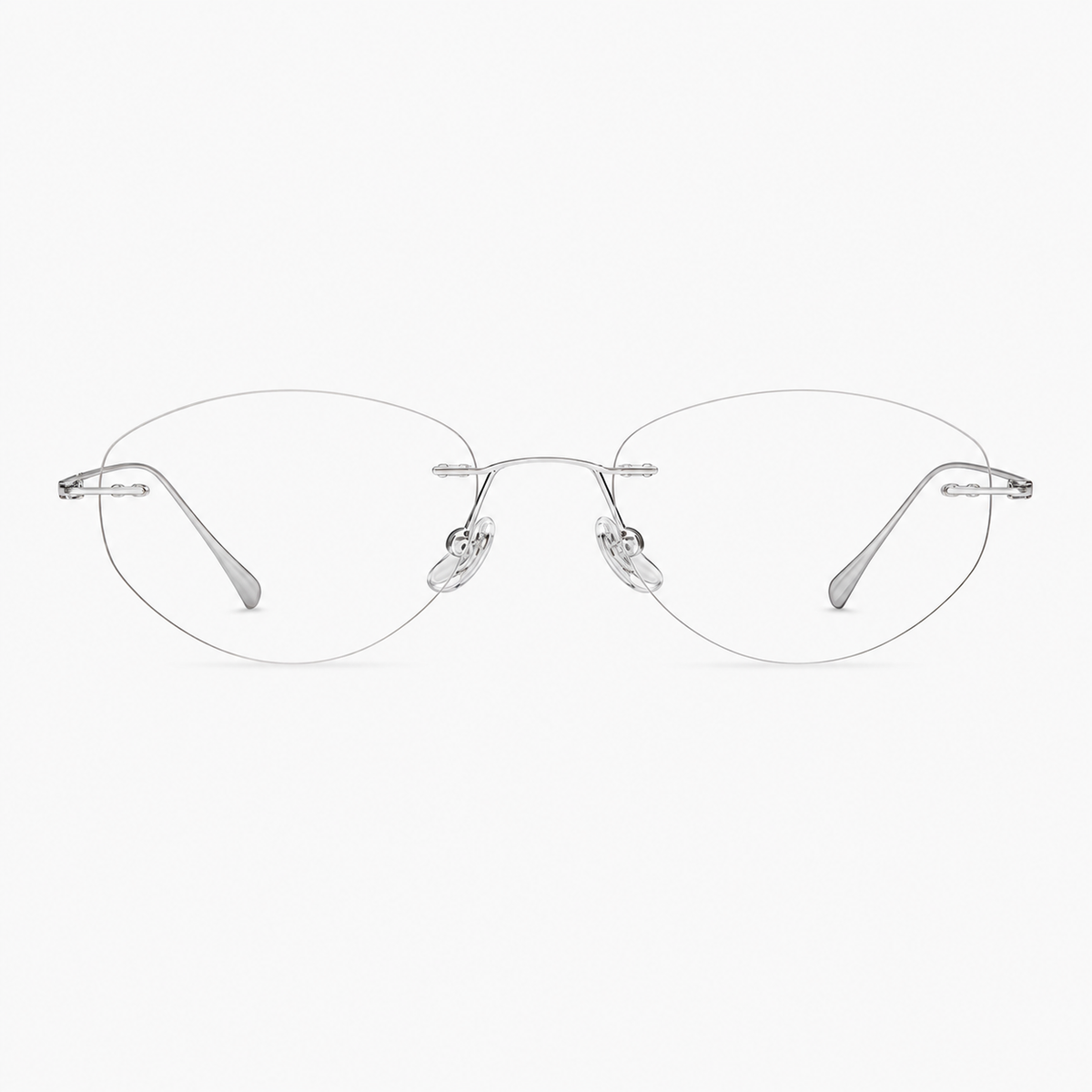 Silver women's titanium rimless round glasses, front product view