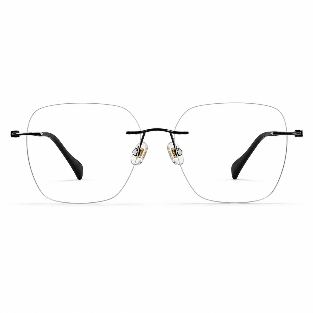 Black Unisex Pure Titanium Rimless Soft-Square Glasses, clean front product view