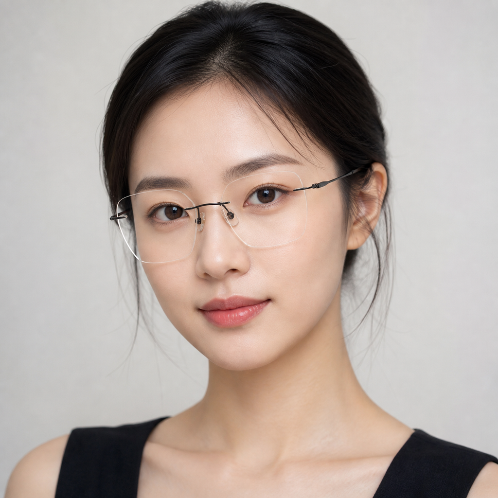 Black Unisex Pure Titanium Rimless Soft-Square Glasses, worn by an adult model, front fit