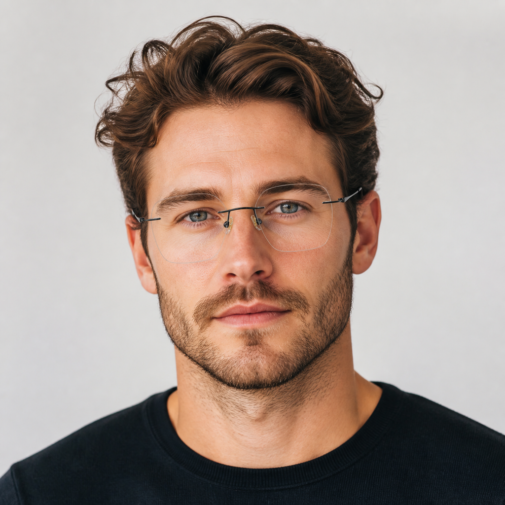 Black Unisex Pure Titanium Rimless Soft-Square Glasses, worn by an adult model, alternate fit