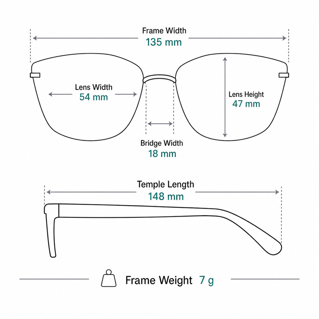 Unisex Pure Titanium Rimless Soft-Square Glasses frame measurements and weight guide