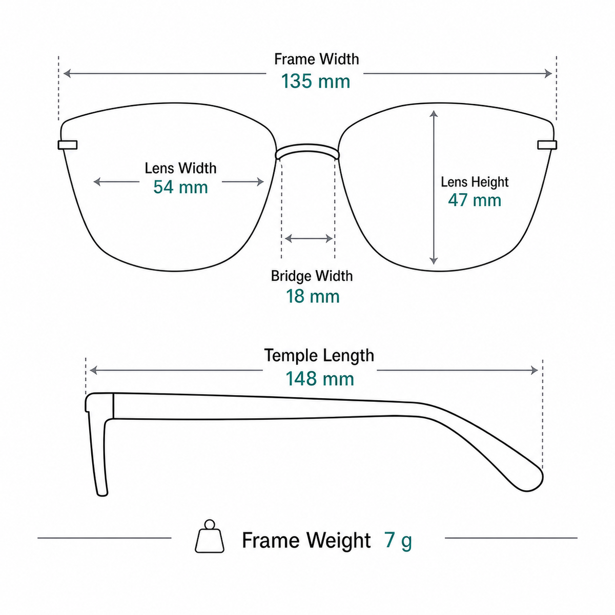 Unisex Pure Titanium Rimless Soft-Square Glasses frame measurements and weight guide