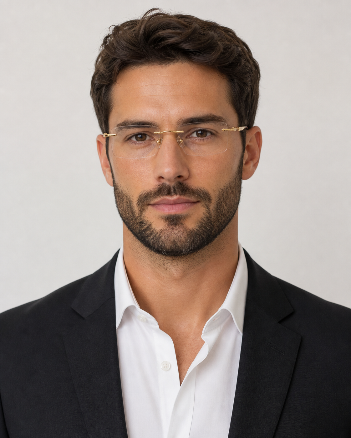 Gold Men's Pure Titanium Rimless Rectangle Glasses, worn by an adult model, front fit