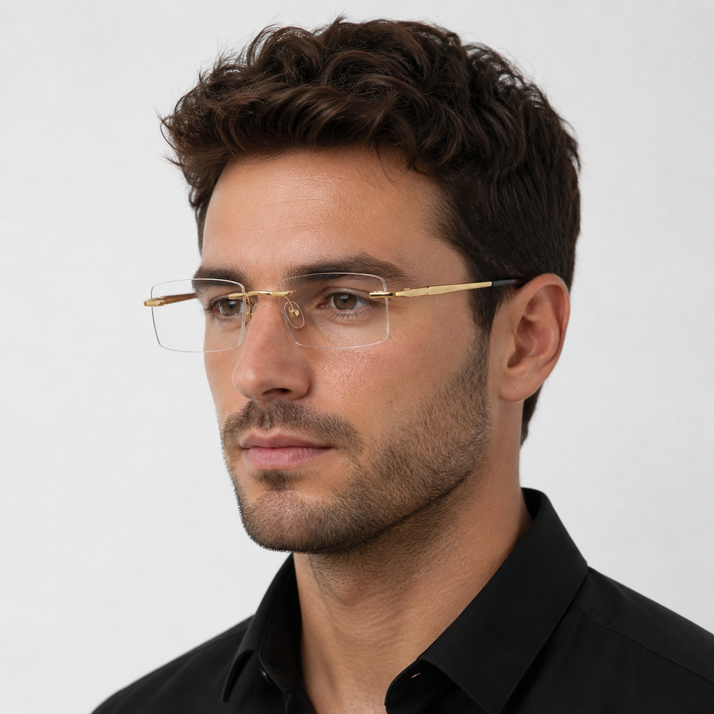 Gold Men's Pure Titanium Rimless Rectangle Glasses, worn by an adult model, alternate fit