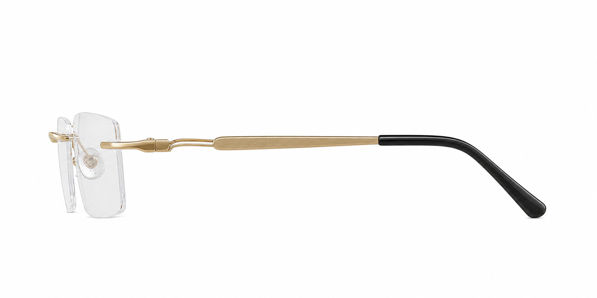 Gold Men's Pure Titanium Rimless Rectangle Glasses, side temple product view
