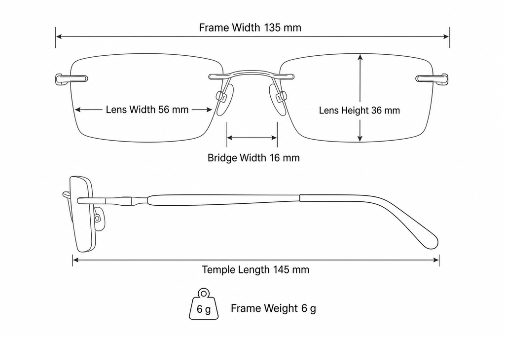 Men's Pure Titanium Rimless Rectangle Glasses frame measurements and weight guide