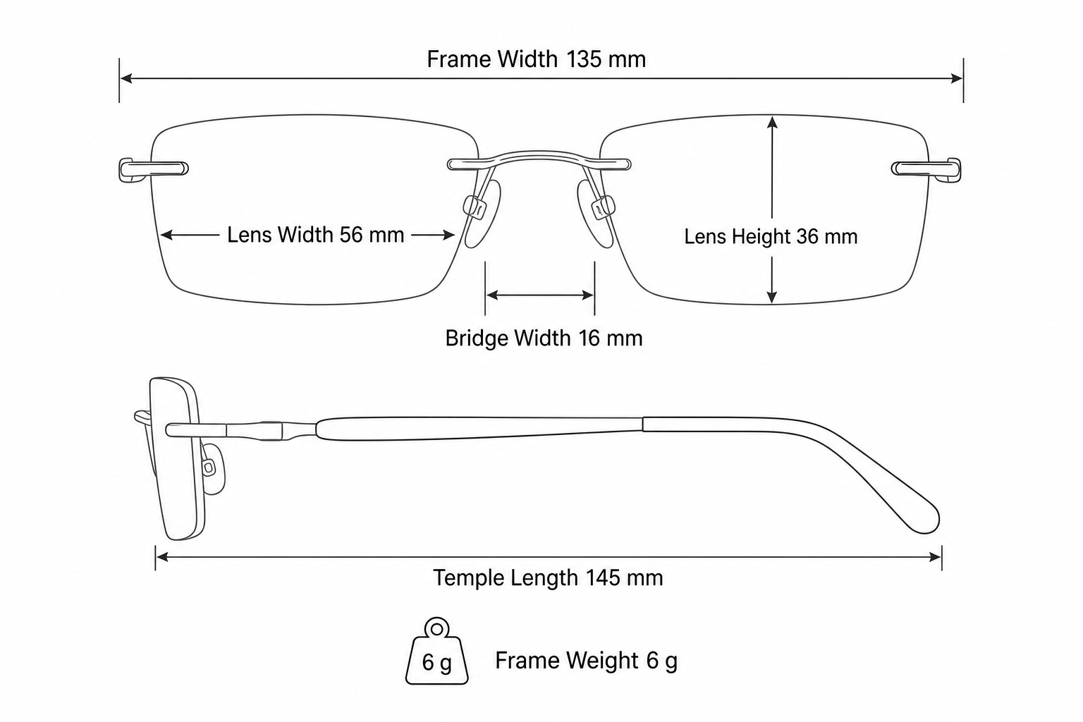 Men's Pure Titanium Rimless Rectangle Glasses frame measurements and weight guide