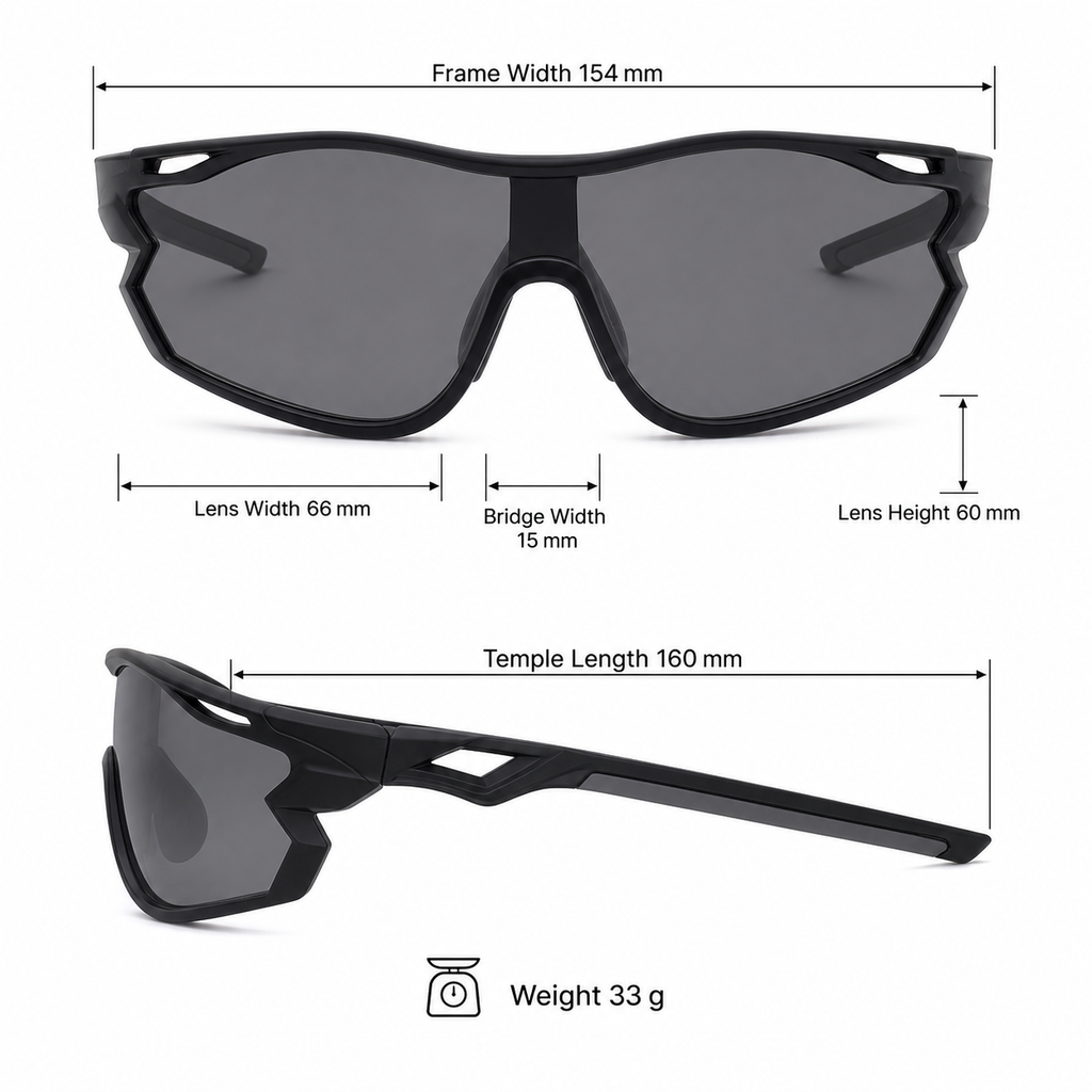 Black Frame/Photochromic Grey Lens Outdoor Adventure Windproof Sports Sunglasses measurement size guide