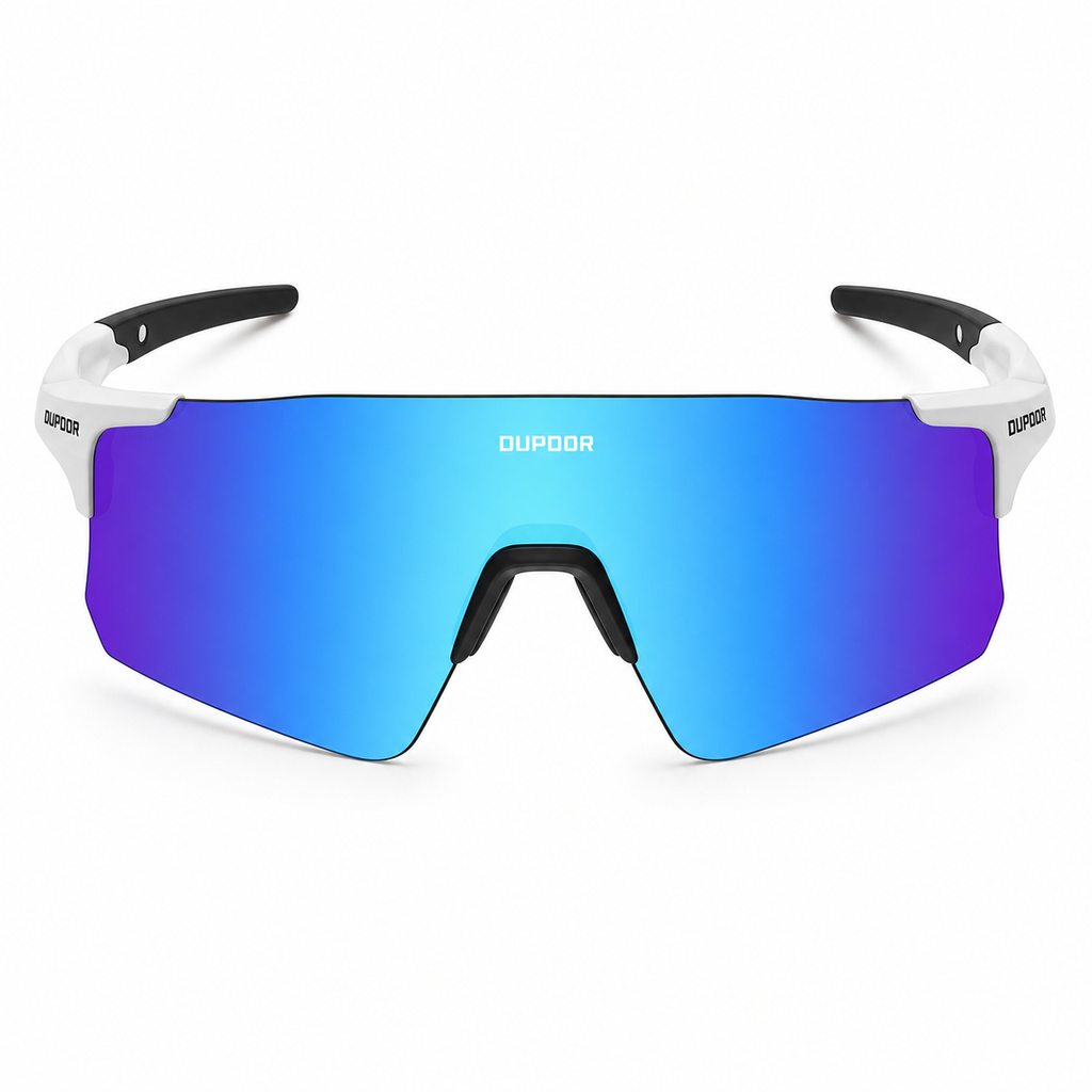 Glossy White Frame/Polarized Blue Lens Unisex PC Polarised Shield Cycling Sunglasses, clean front product view