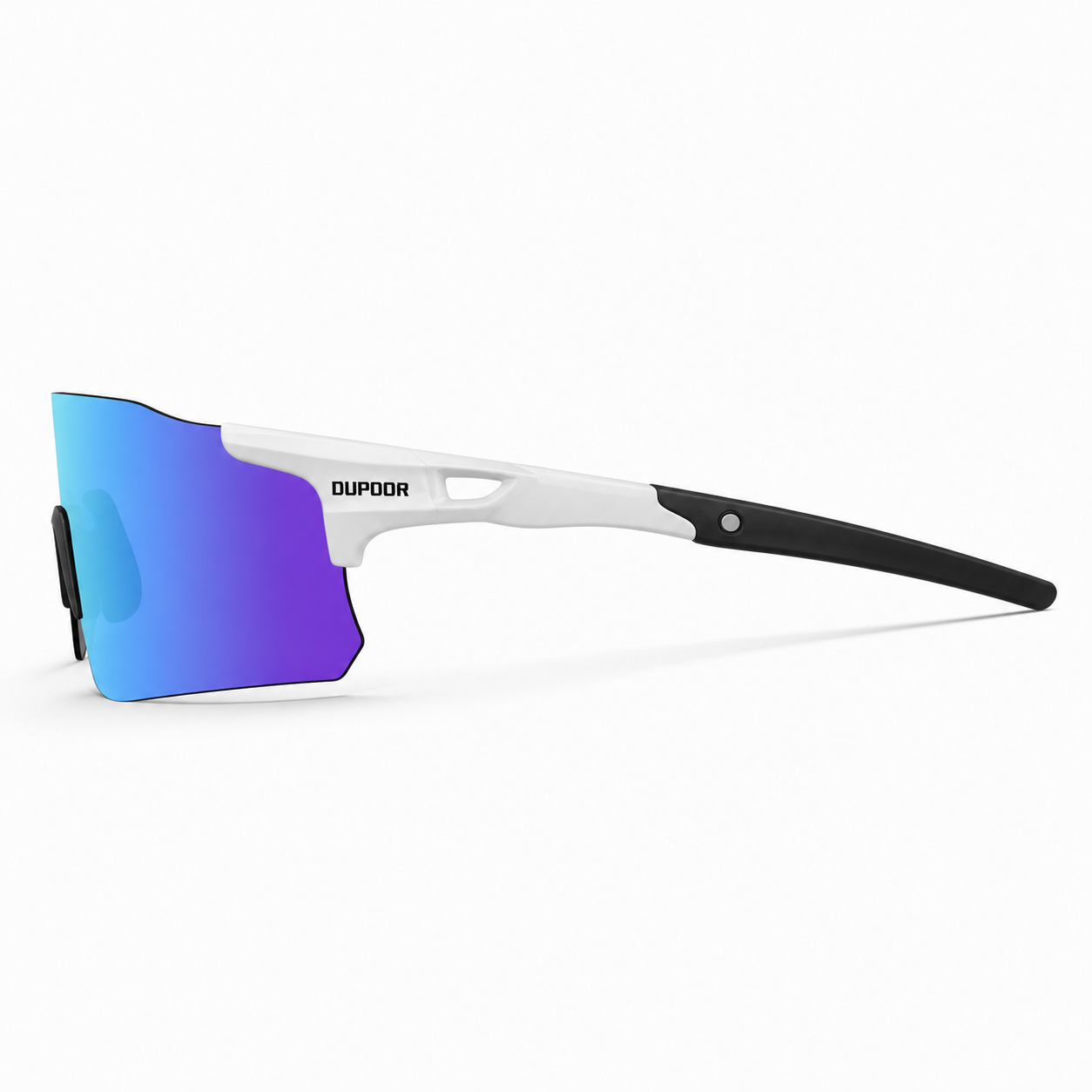 Glossy White Frame/Polarized Blue Lens Unisex PC Polarised Shield Cycling Sunglasses, side temple product view