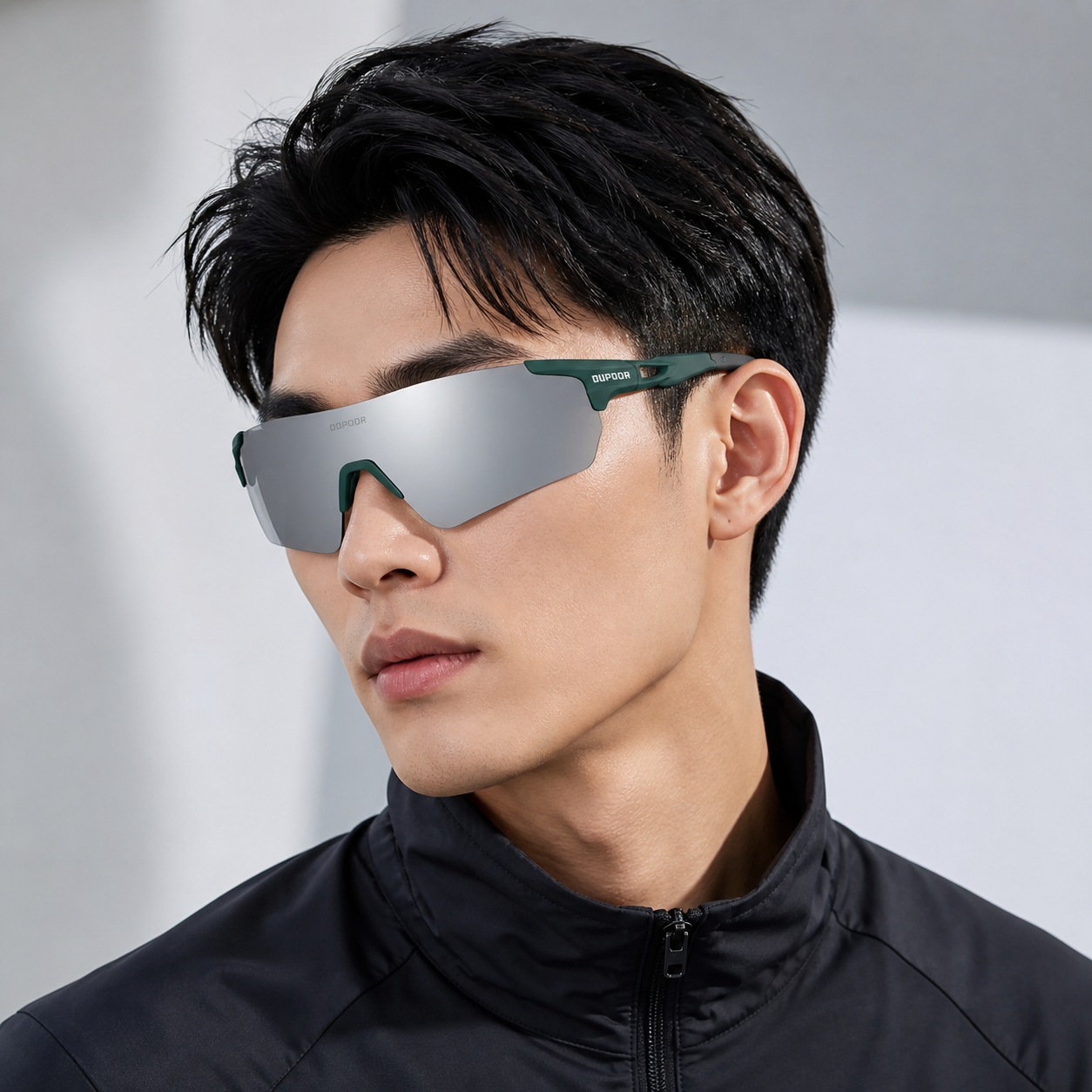 Matte Dark Green Frame/Polarized Grey Silver Lens eyewear, worn by an adult model, front fit