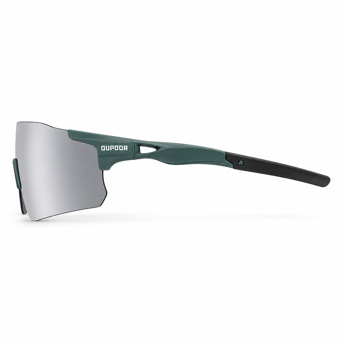Matte Dark Green Frame/Polarized Grey Silver Lens Unisex PC Polarised Shield Cycling Sunglasses, side temple product view