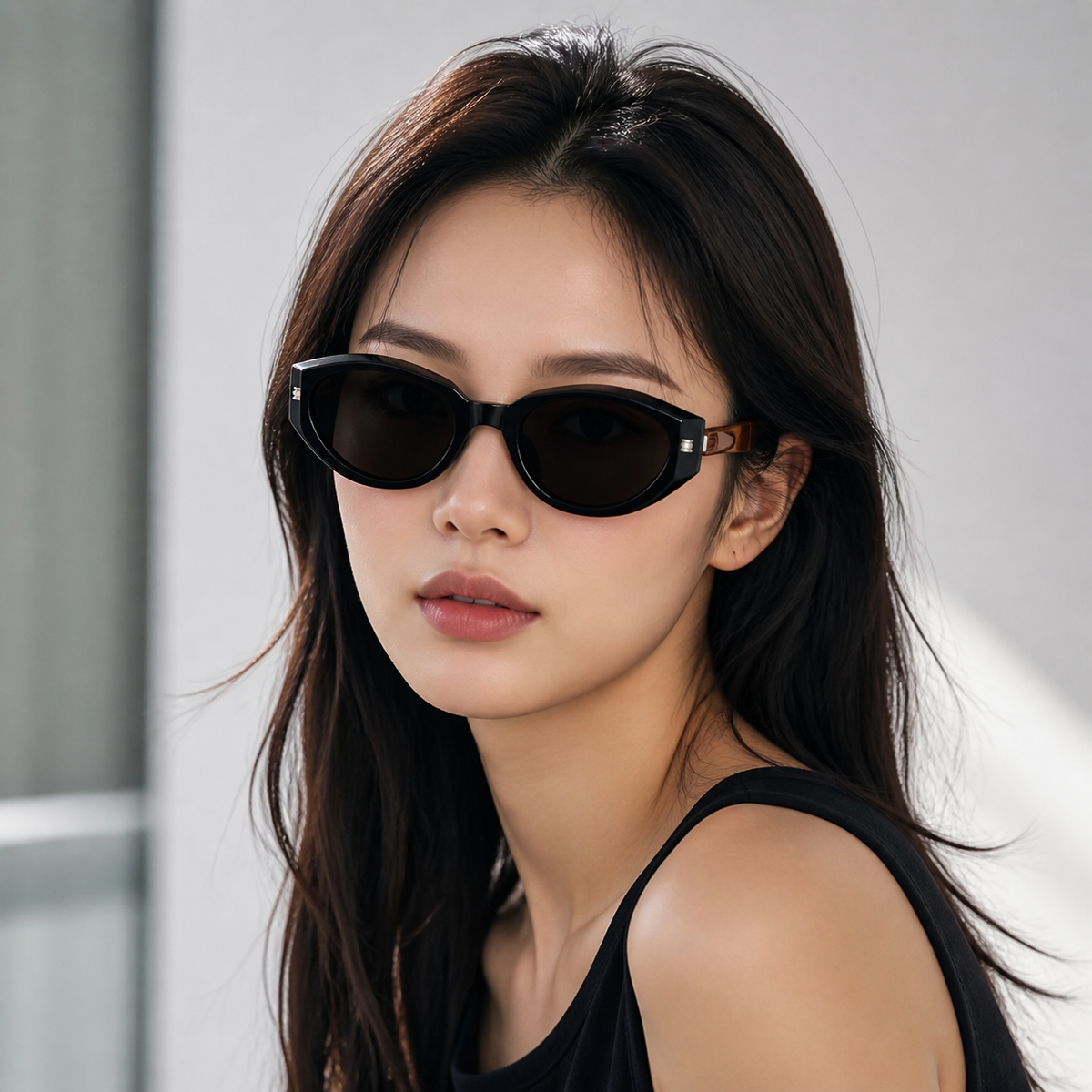 Black Women's Foldable Polarised Cat-Eye Sunglasses, worn by an adult model, front fit