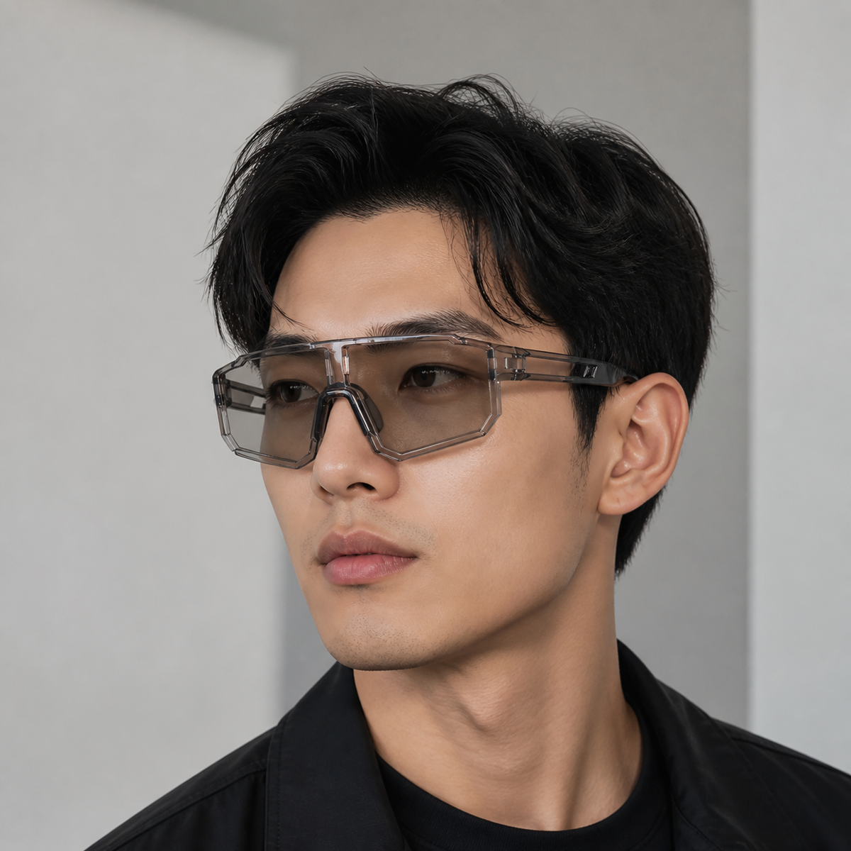 Crystal Grey Frame/Photochromic Grey Lens Unisex PC Photochromic Sport Cycling Sunglasses, worn by an adult model, front fit