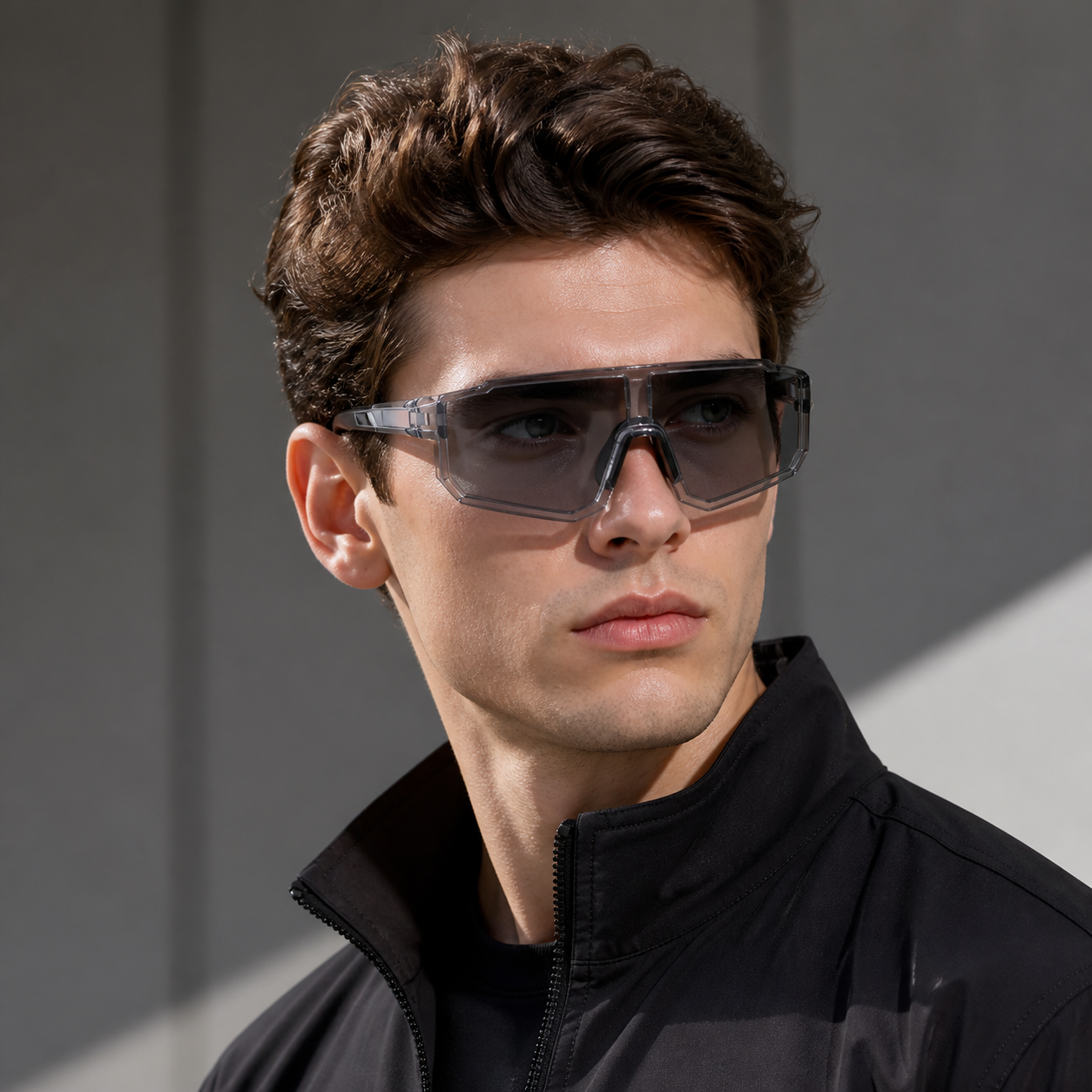 Crystal Grey Frame/Photochromic Grey Lens eyewear, worn by an adult model, alternate fit