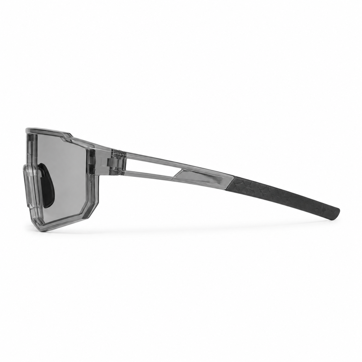 Crystal Grey Frame/Photochromic Grey Lens Unisex PC Photochromic Sport Cycling Sunglasses, side temple product view