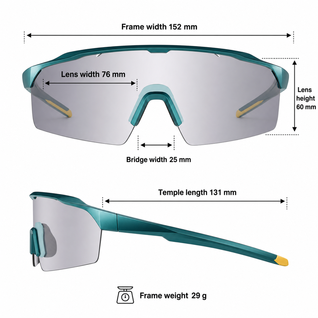 Green Frame/Photochromic Silver Lens Outdoor Performance Windproof Eyewear measurement size guide