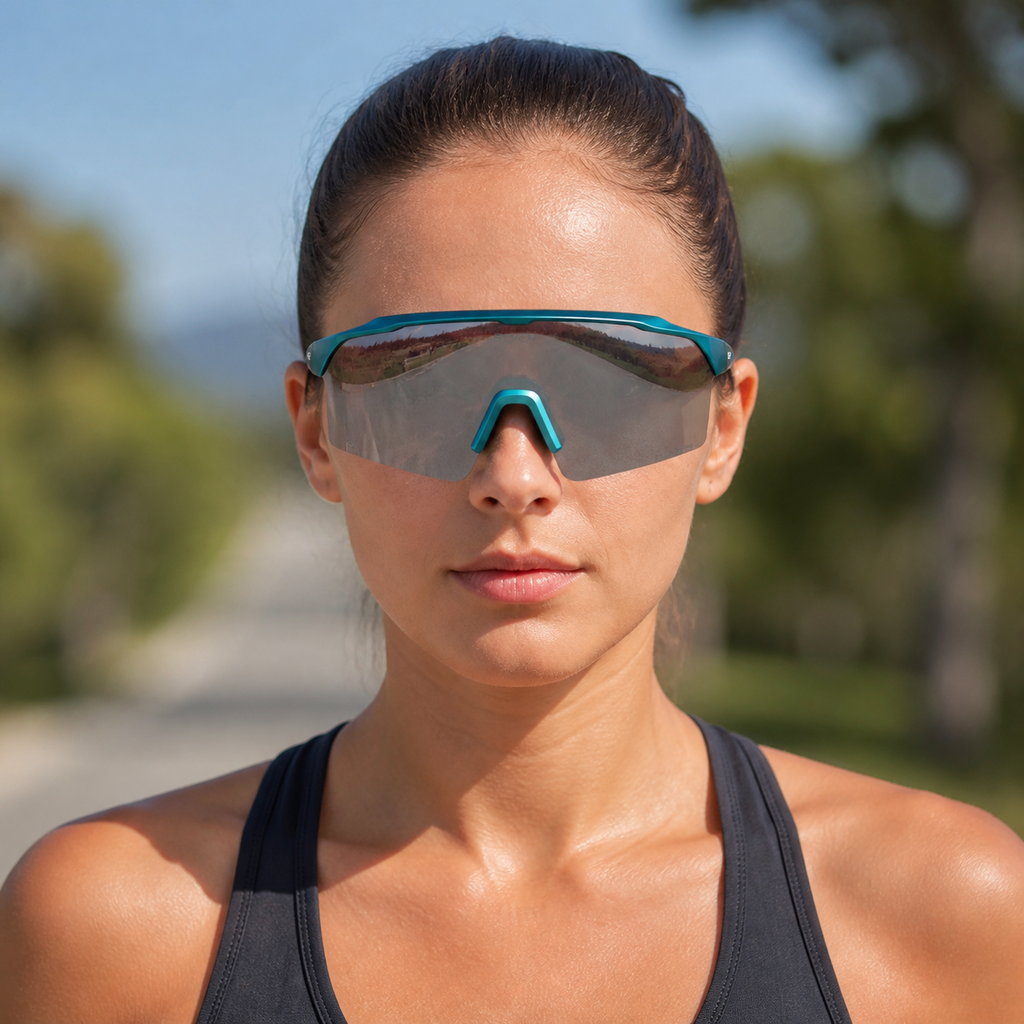 Adult model wearing Green Frame/Photochromic Silver Lens Outdoor Performance Windproof Eyewear, lifestyle view 1