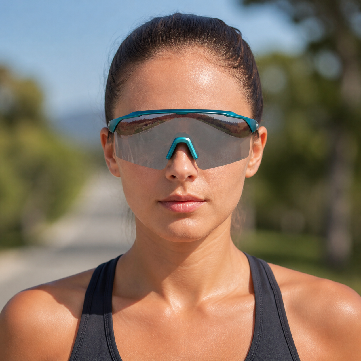 Adult model wearing Green Frame/Photochromic Silver Lens Outdoor Performance Windproof Eyewear, lifestyle view 1