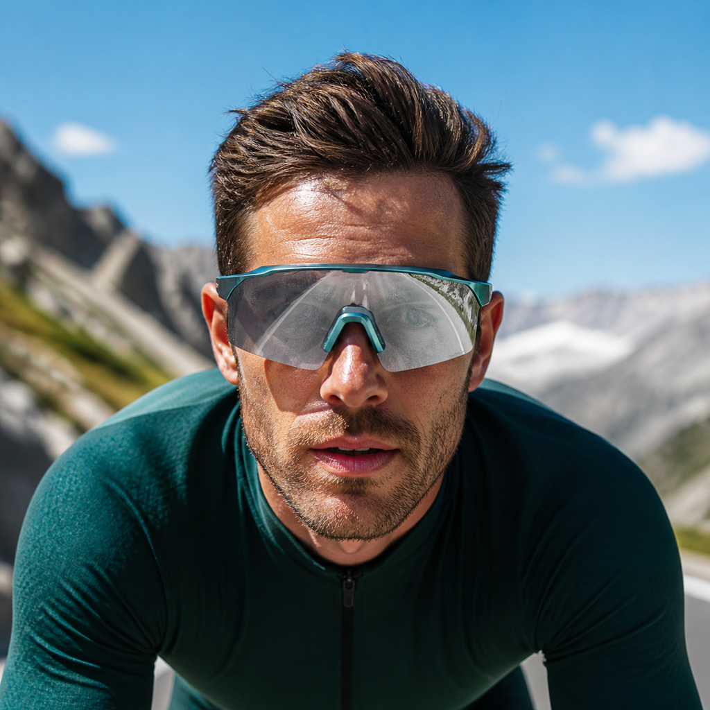 Adult model wearing Green Frame/Photochromic Silver Lens Outdoor Performance Windproof Eyewear, lifestyle view 2