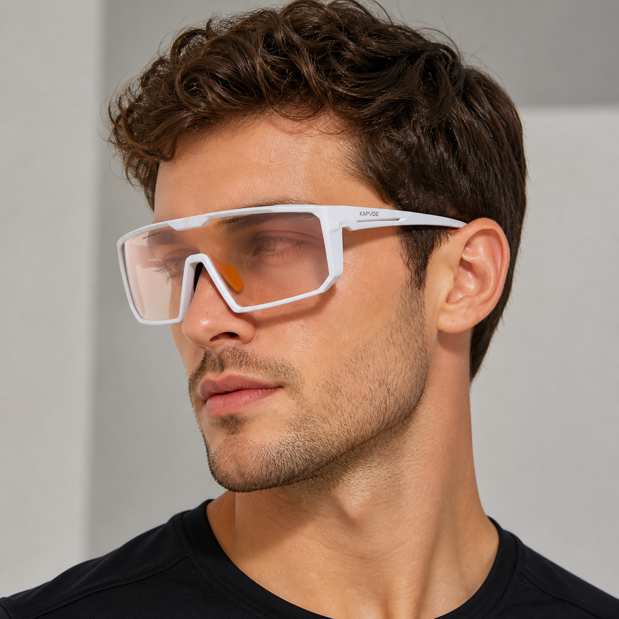 Unisex TR90 Photochromic Shield Cycling Glasses, worn by an adult model, alternate fit