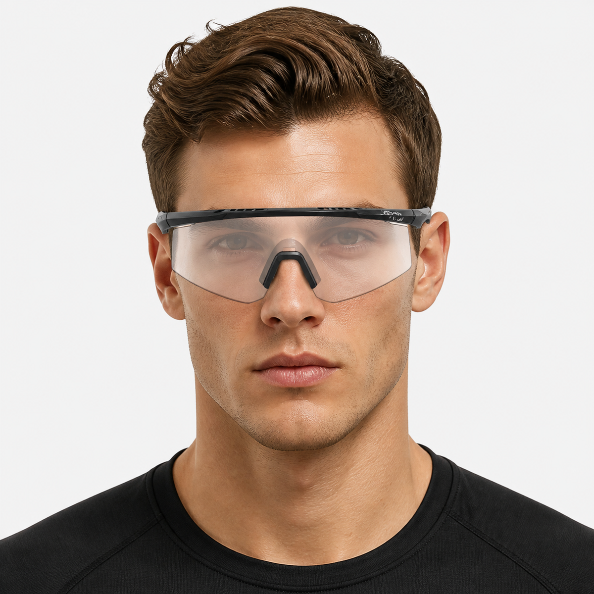 Dark Grey Unisex TR90 Outdoor Windproof Shield Sunglasses, worn by an adult model, front fit