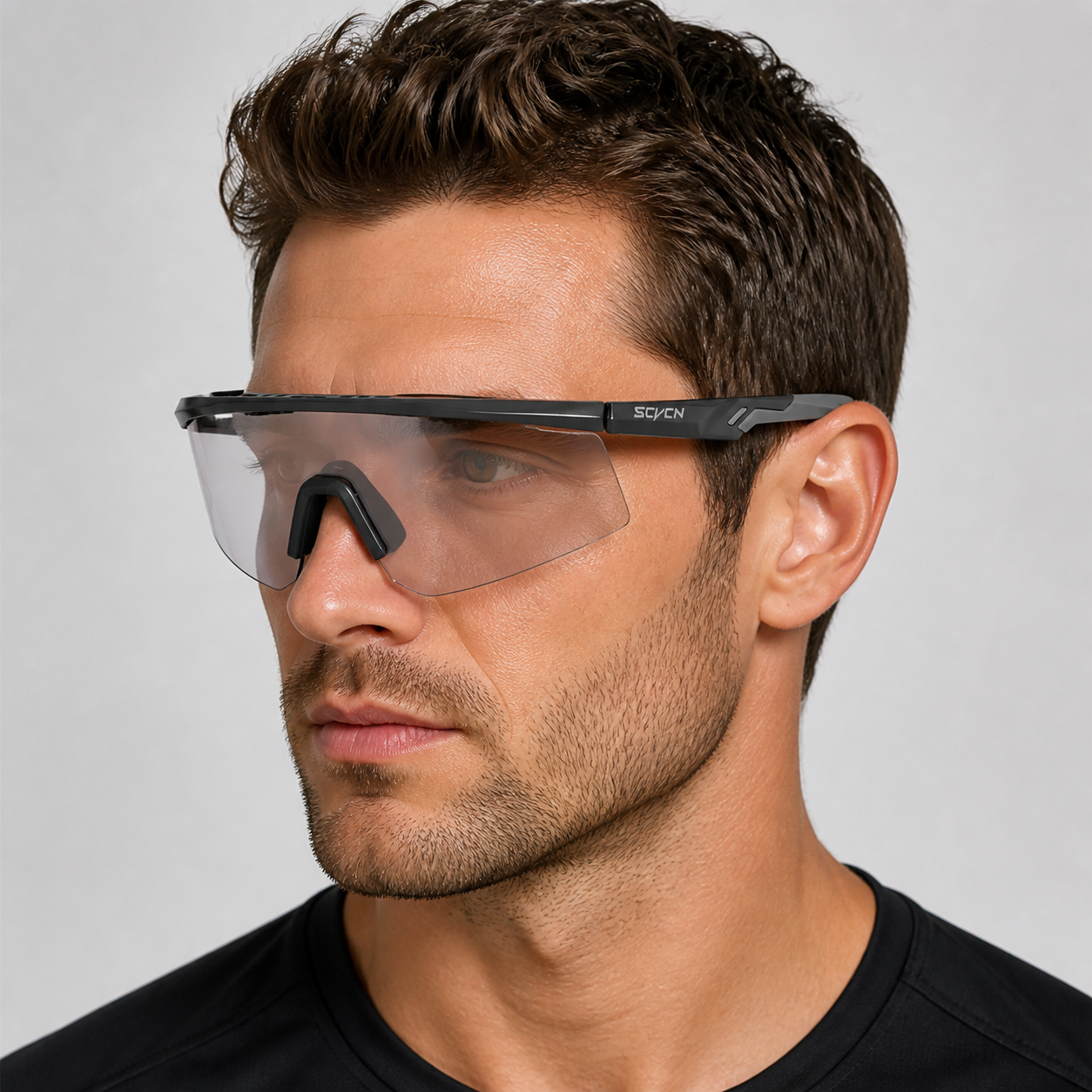 Dark Grey Unisex TR90 Outdoor Windproof Shield Sunglasses, worn by an adult model, alternate fit