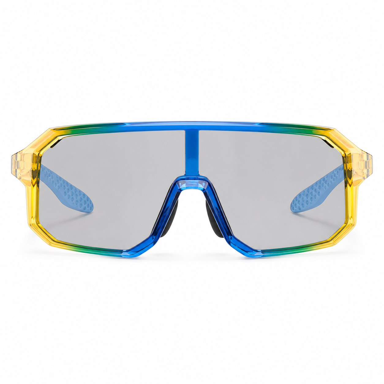 Blue/Yellow Gradient Frame/Photochromic Grey Lens eyewear, clean front product view