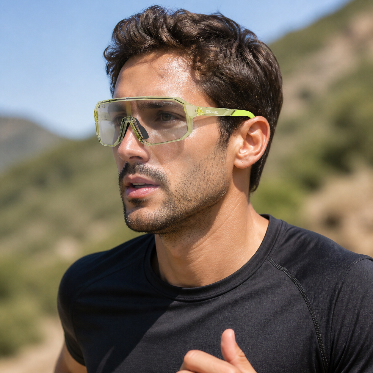 Crystal Green Frame/Photochromic Grey Lens eyewear, worn by an adult model, front fit