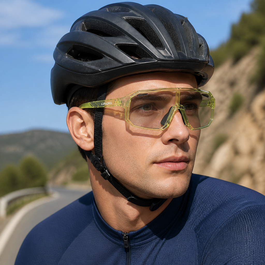 Crystal Green Frame/Photochromic Grey Lens eyewear, worn by an adult model, alternate fit