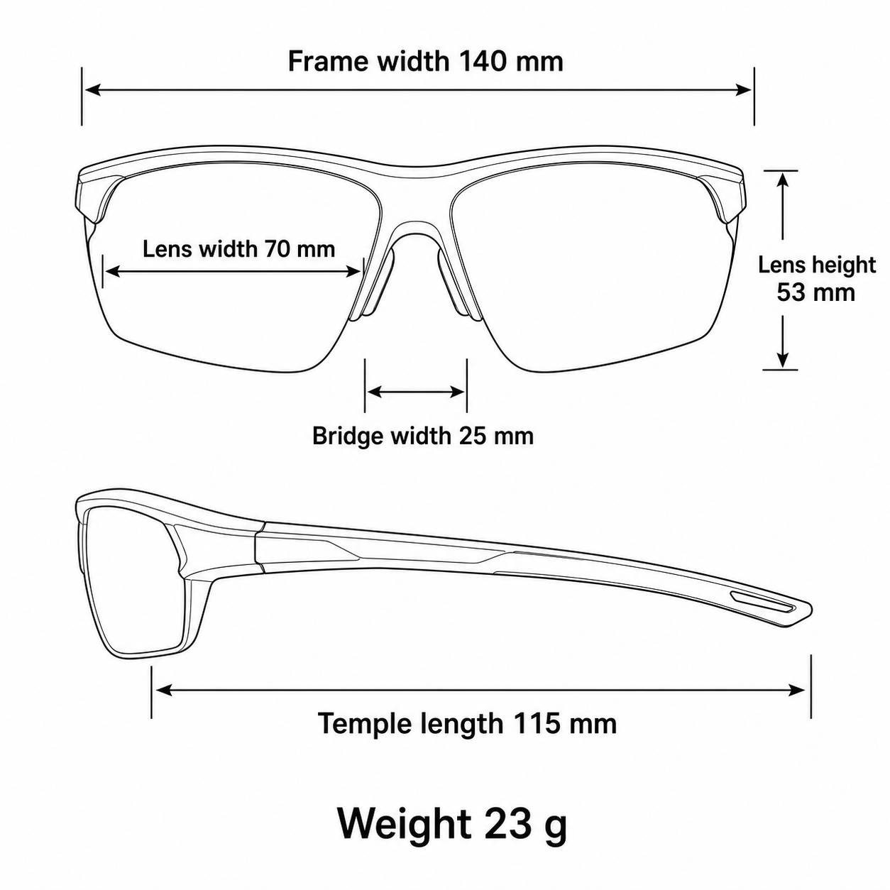Unisex TR90 Full-Rim Photochromic Sports Sunglasses frame measurements and weight guide