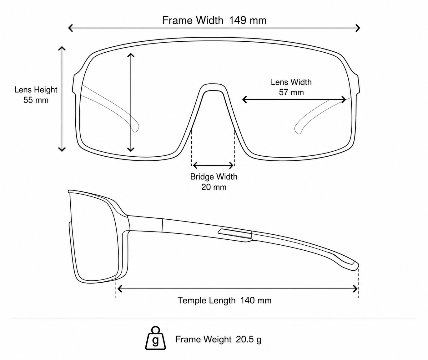 Unisex TR Polarised Shield Cycling Sunglasses frame measurements and weight guide