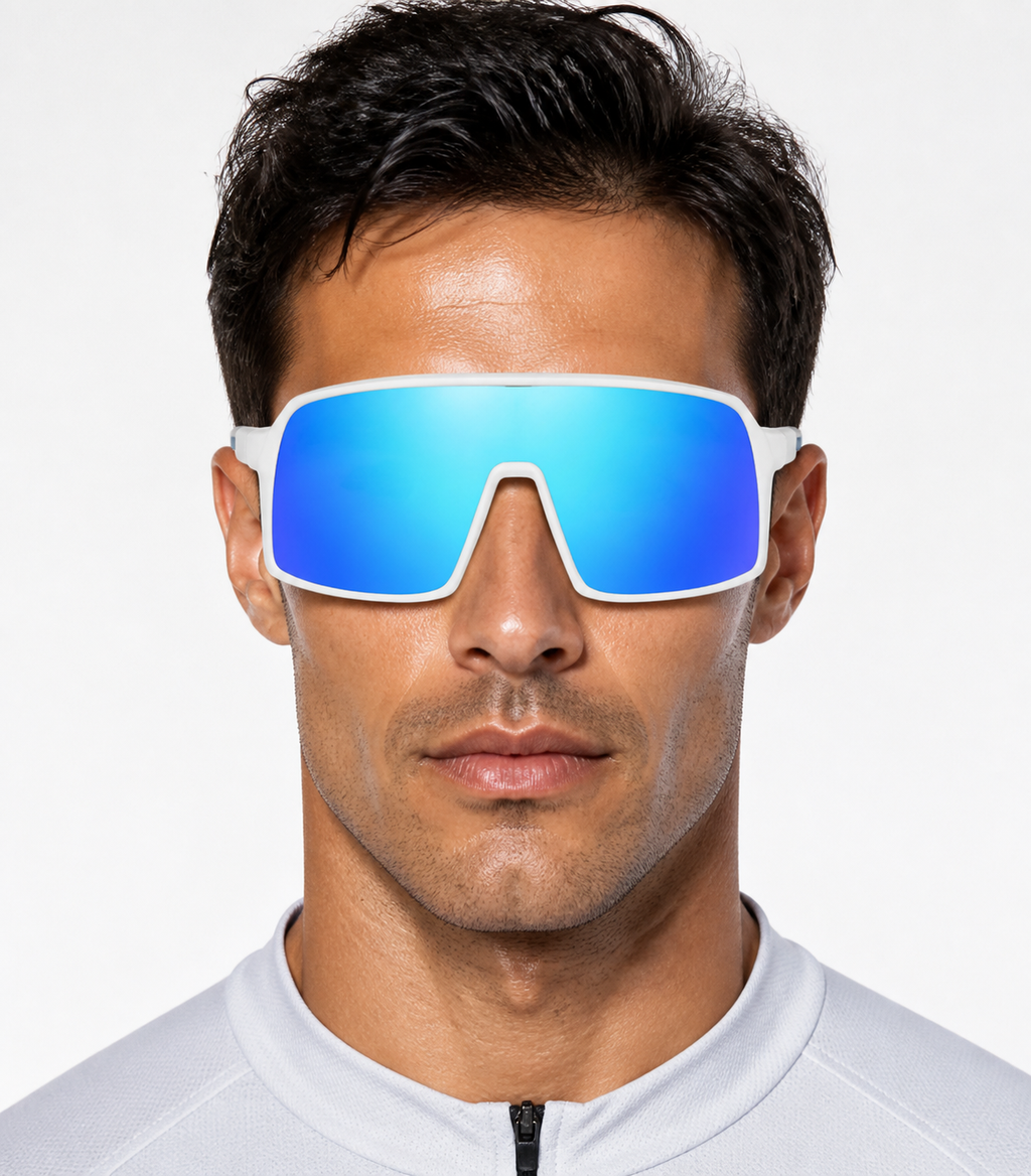 White Frame/Blue Lens Unisex TR Polarised Shield Cycling Sunglasses, worn by an adult model, front fit