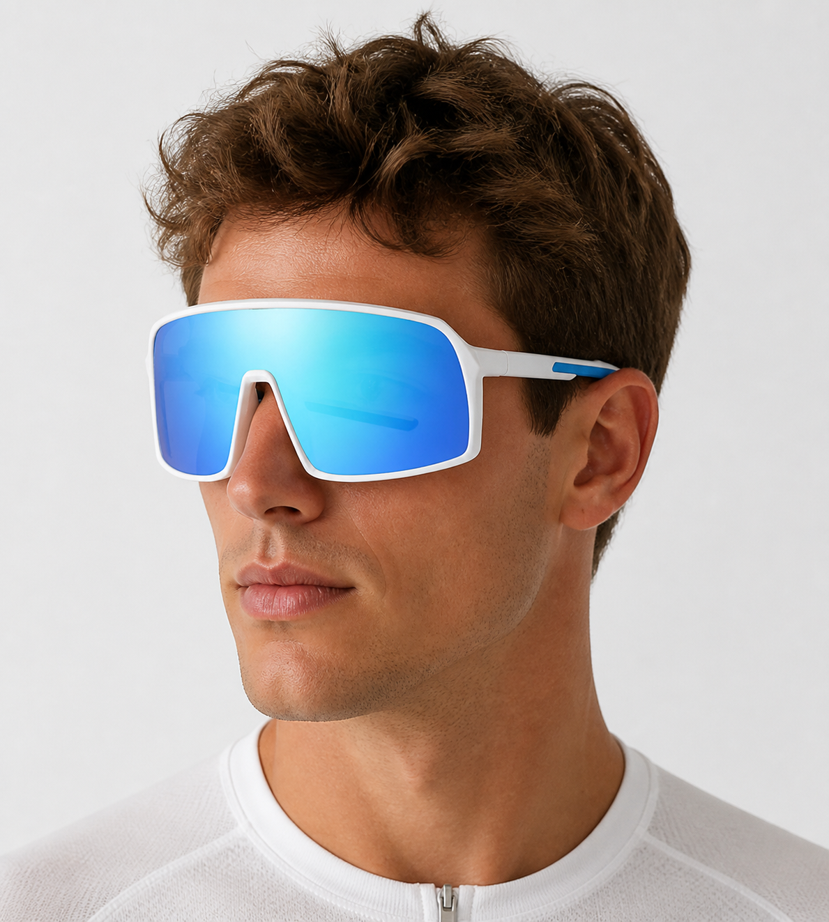 White Frame/Blue Lens Unisex TR Polarised Shield Cycling Sunglasses, worn by an adult model, alternate fit