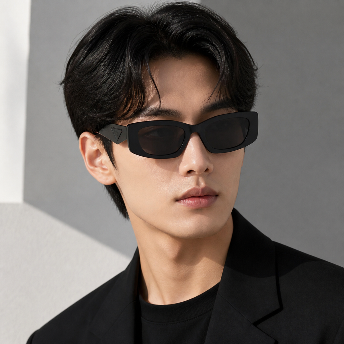 Black Prada Unisex Black Acetate Rectangle Sunglasses, worn by an adult model, front fit