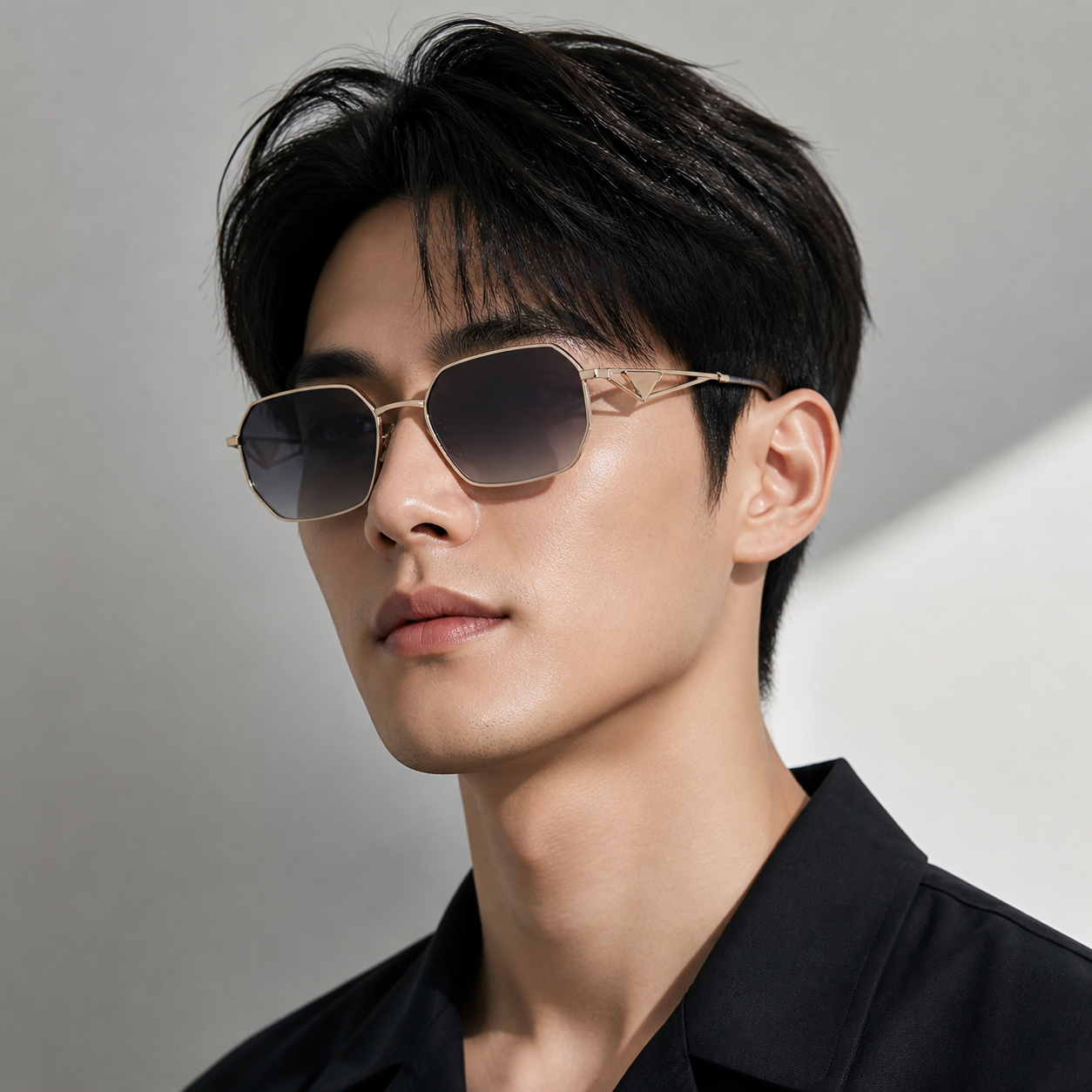 Gray Prada Unisex Acetate-Metal Geometric Sunglasses, worn by an adult model, front fit