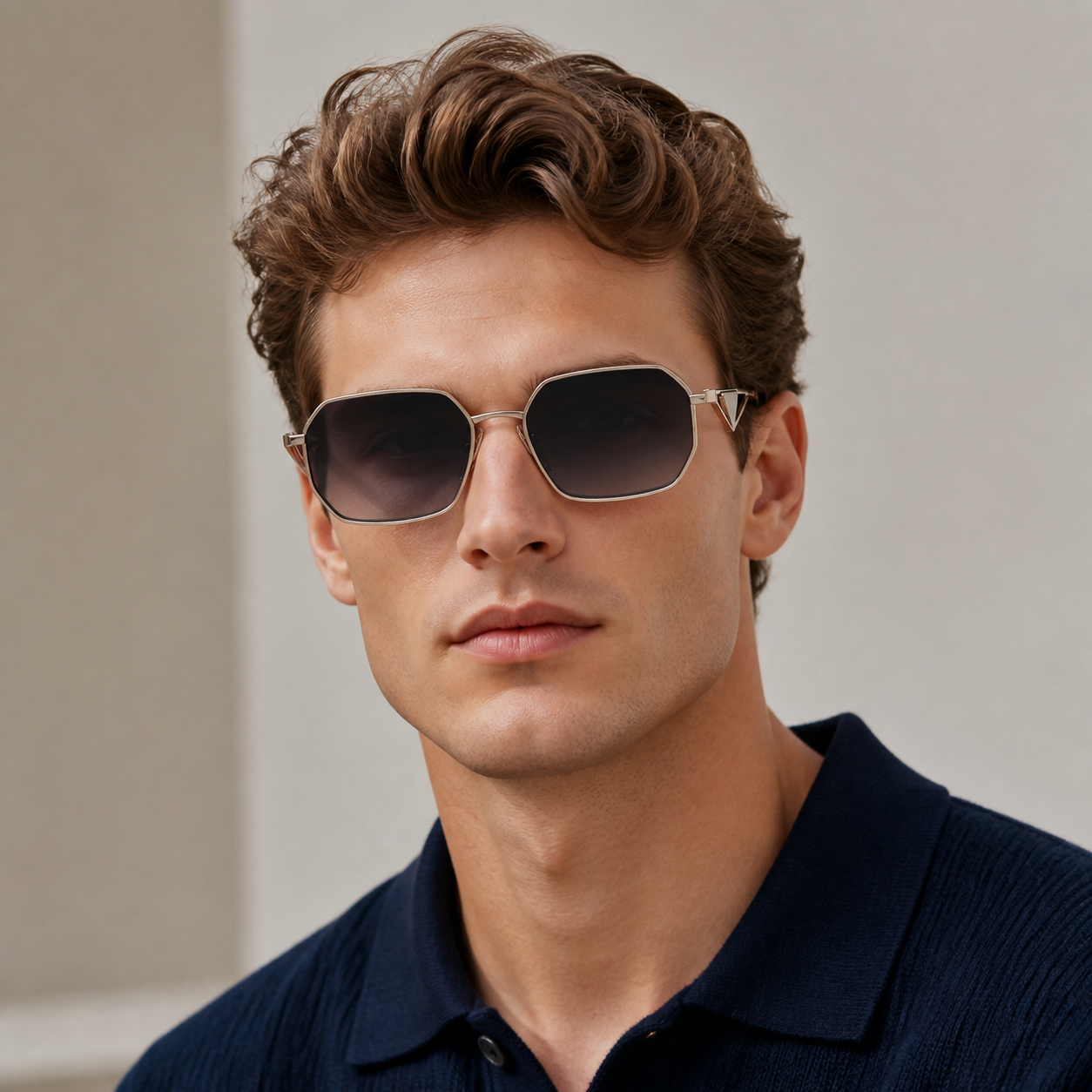 Gray Prada Unisex Acetate-Metal Geometric Sunglasses, worn by an adult model, alternate fit