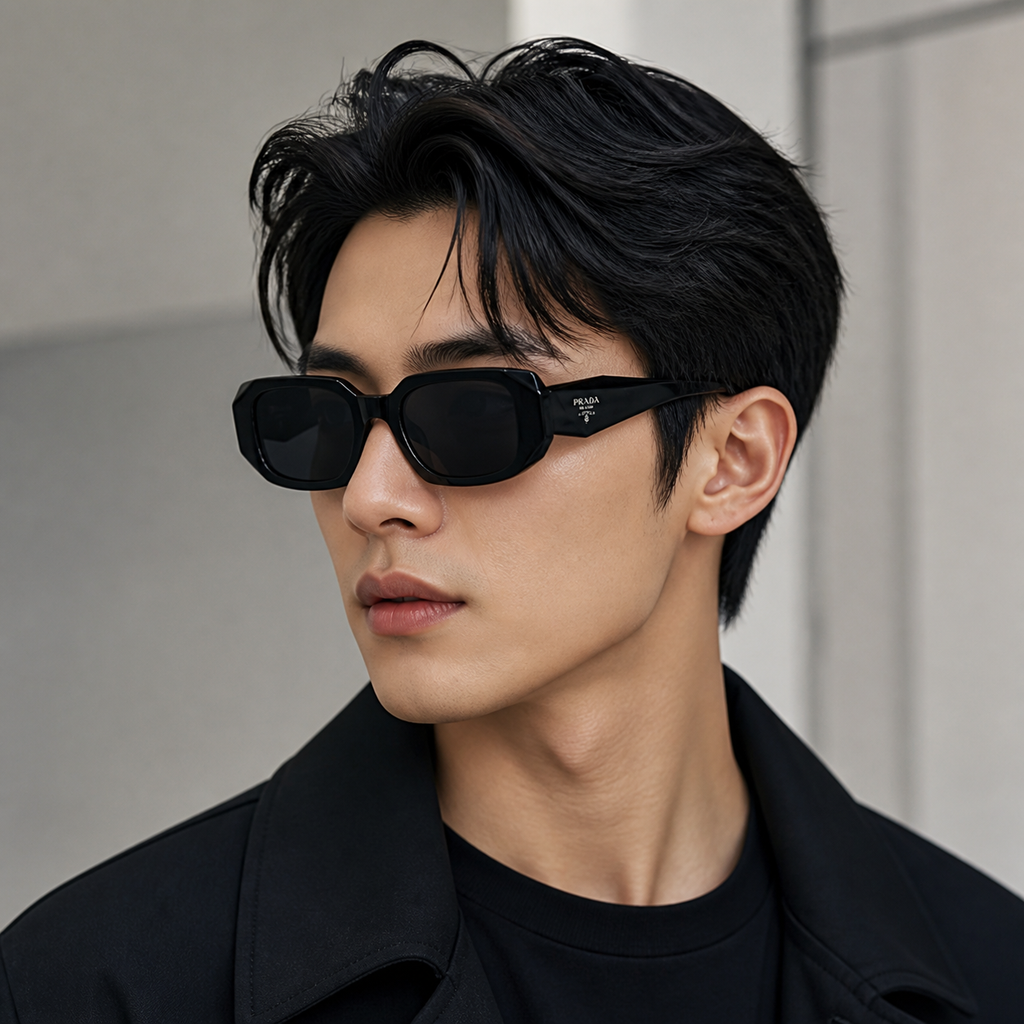 Black Prada Unisex Acetate Wide-Temple Sunglasses, worn by an adult model, front fit