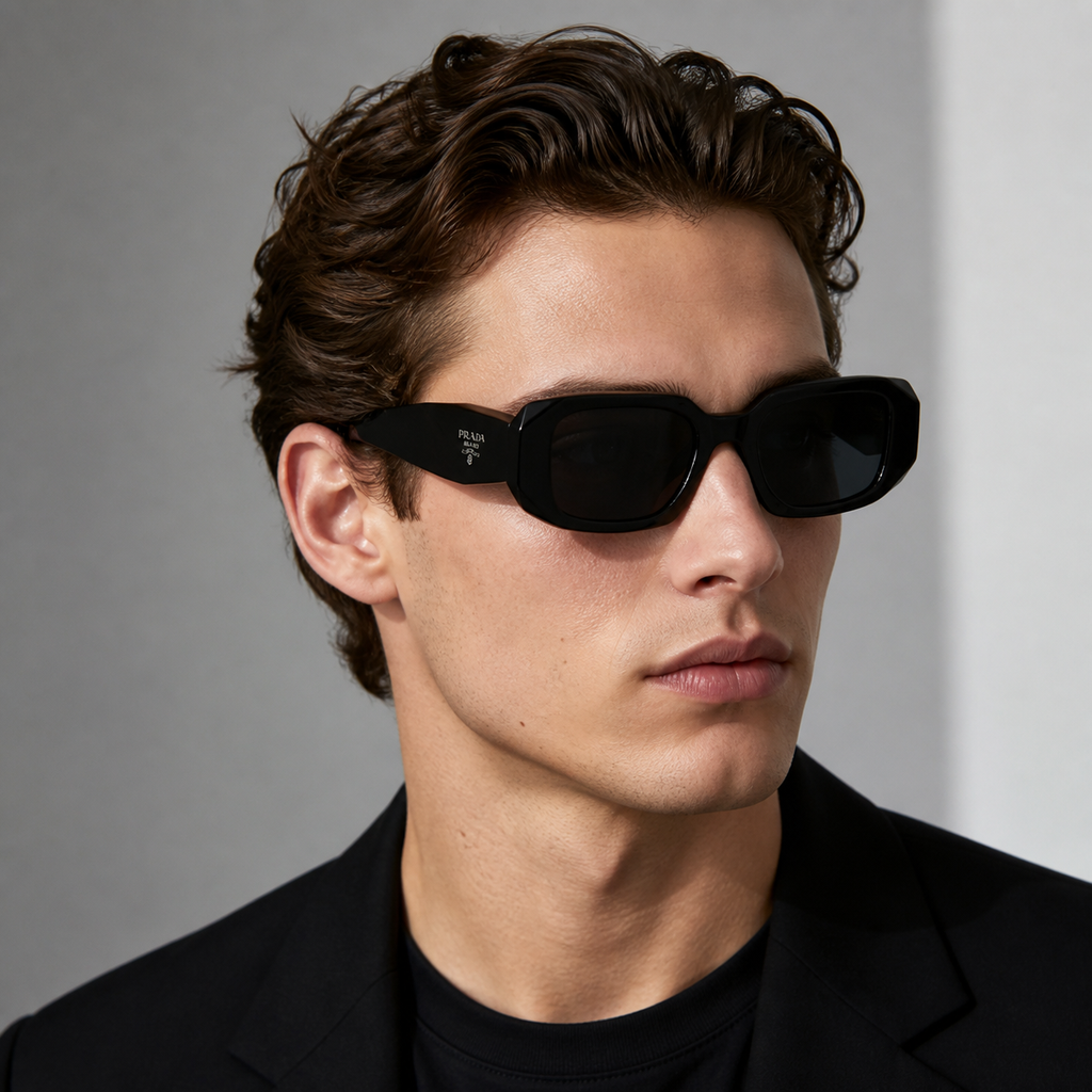 Black Prada Unisex Acetate Wide-Temple Sunglasses, worn by an adult model, alternate fit