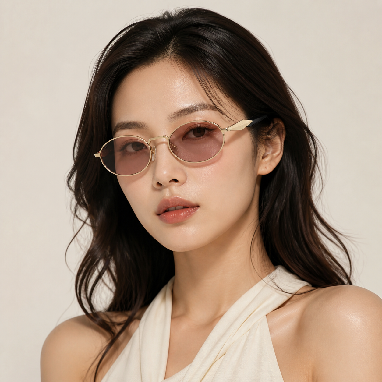 Lavender Pink Prada Women's Acetate-Metal Oval Sunglasses, worn by an adult model, front fit