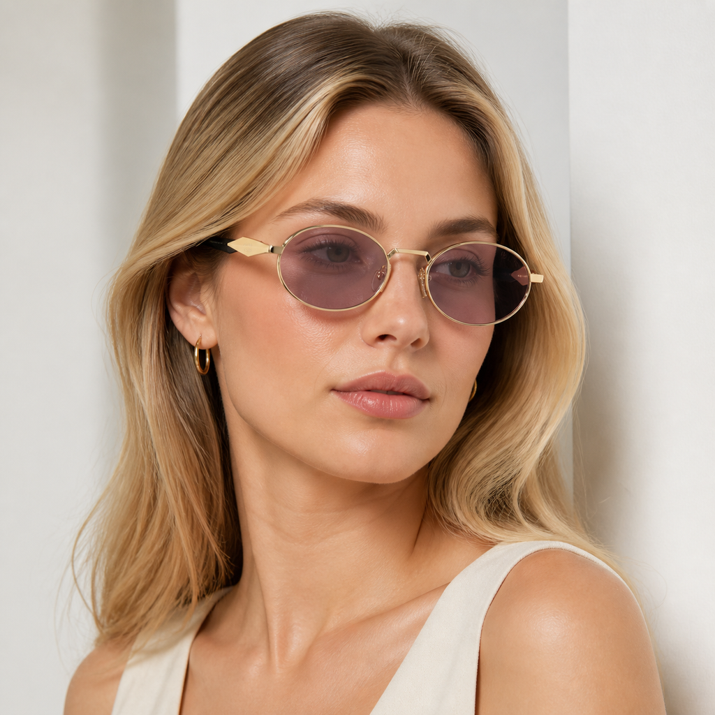 Lavender Pink Prada Women's Acetate-Metal Oval Sunglasses, worn by an adult model, alternate fit