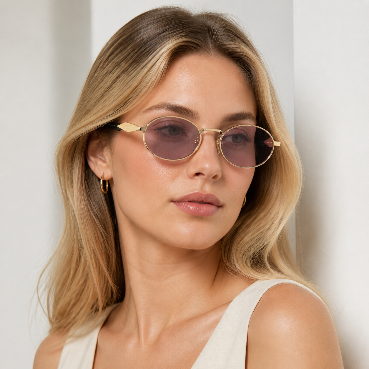 Lavender Pink Prada Women's Acetate-Metal Oval Sunglasses, worn by an adult model, alternate fit